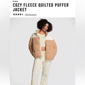 Victoria’s Secret PINK cozy fleece quilted puffer jacket Sz med caramel/cream